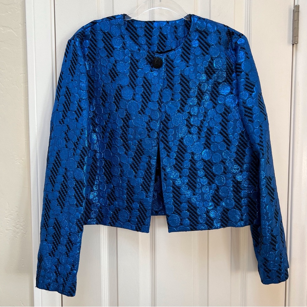 Blue Metallic Geometric Mod Blazer Vintage Handmade Holiday NYE Party Glam - Picture 2 of 9